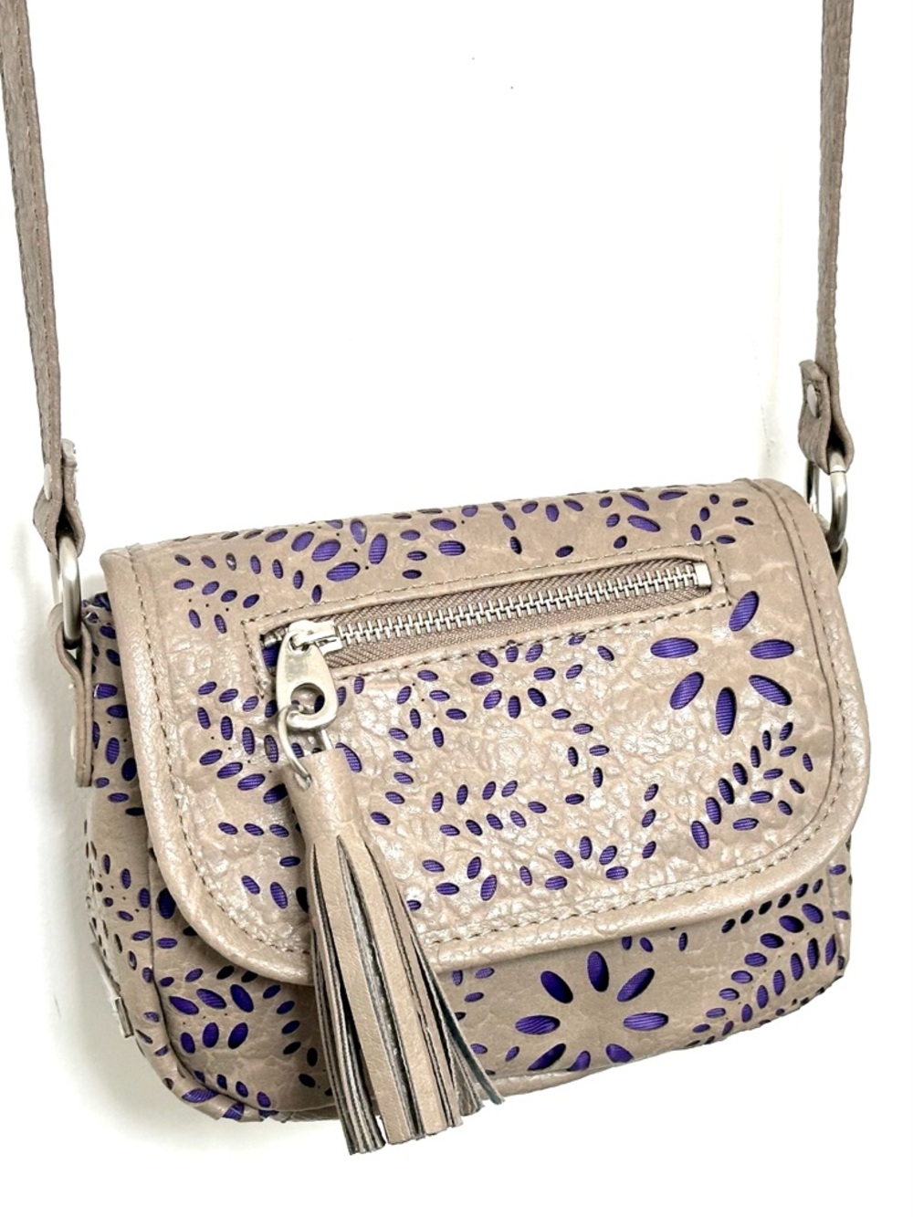 Kensie Girl Taupe Laser-Cut Mini Crossbody Bag with Purple Accent - Picture 3 of 13